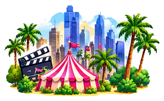 Los Angeles skyline, palms and pink circus tent